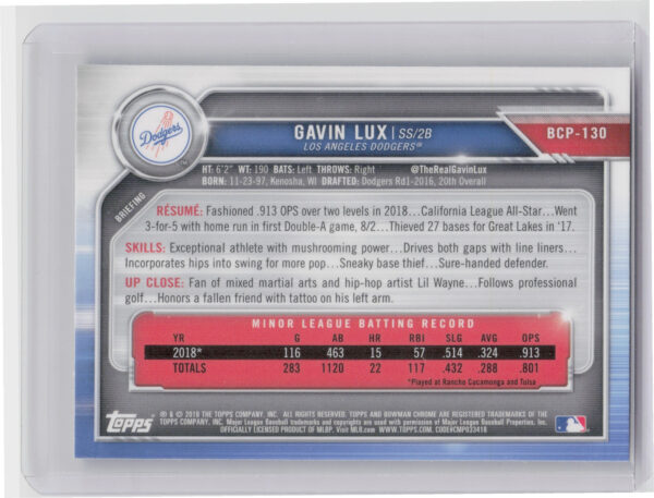 2019 Bowman Gavin Lux #BCP-130 Dodgers Chrome Prospects Mojo Refractors - Image 3