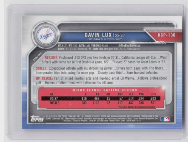 2019 Bowman Gavin Lux #BCP-130 Dodgers Chrome Prospects Mojo Refractors - Image 3