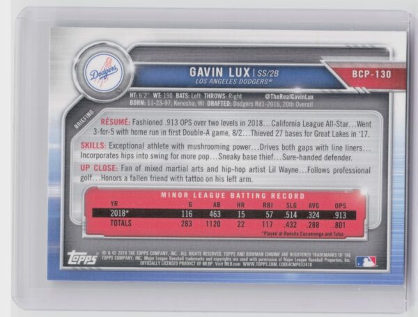 2019 Bowman Gavin Lux #BCP-130 Dodgers Chrome Prospects Mojo Refractors - Image 3