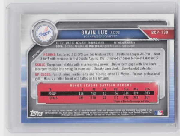2019 Bowman Gavin Lux #BCP-130 Dodgers Chrome Prospects Mojo Refractors - Image 3