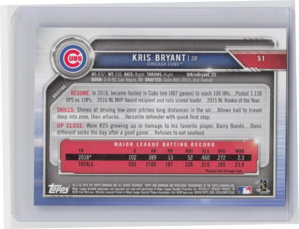 2019 Bowman Kris Bryant Sky Blue SN499 #51 Cubs - Image 3