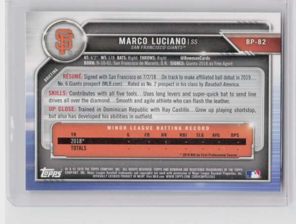 2019 Bowman Marco Luciano #BP-82 Giants Prospects - Image 3