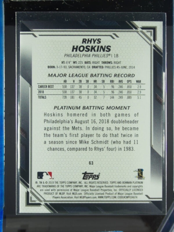 2019 Bowman Platinum Rhys Hoskins Purple SN250 #63 Phillies - Image 3