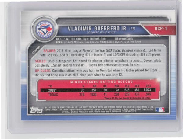 2019 Bowman Vladimir Guerrero Jr. #BCP-1 Jays Chrome Prospects - Image 3
