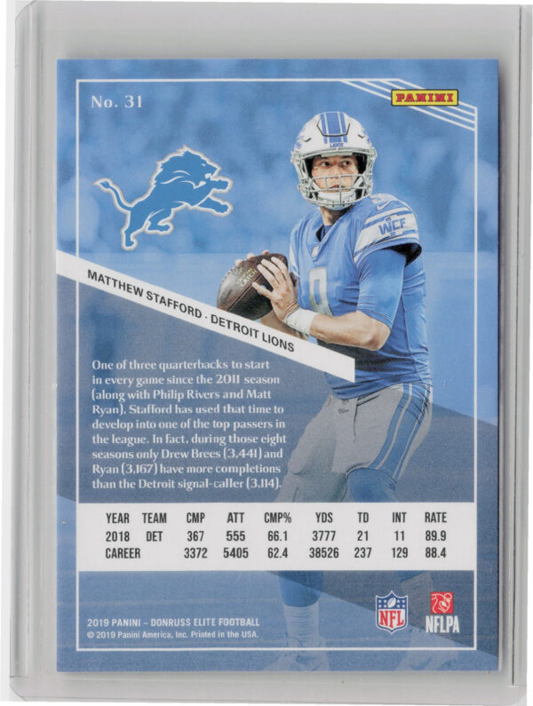 2019 Donruss Elite Matthew Stafford Red SN299 #31 Lions - Image 3