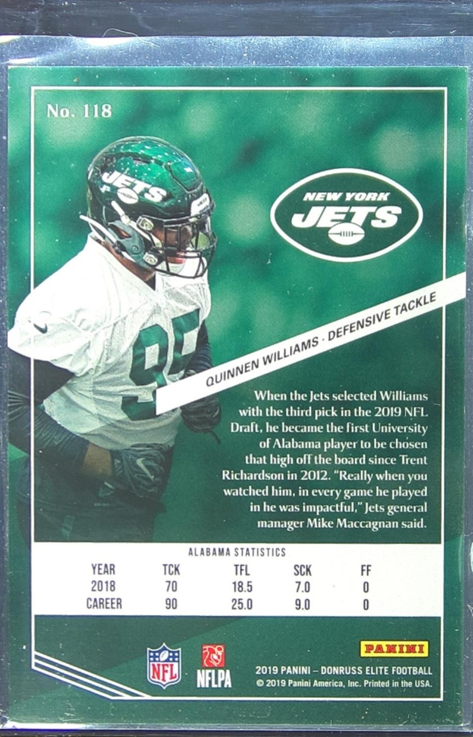 2019 Donruss Elite Quinnen Williams /699 RC RC #118 Jets - Image 3