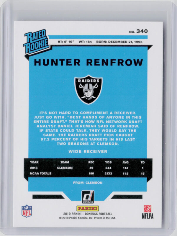 2019 Donruss Hunter Renfrow RC #340 Raiders - Image 3