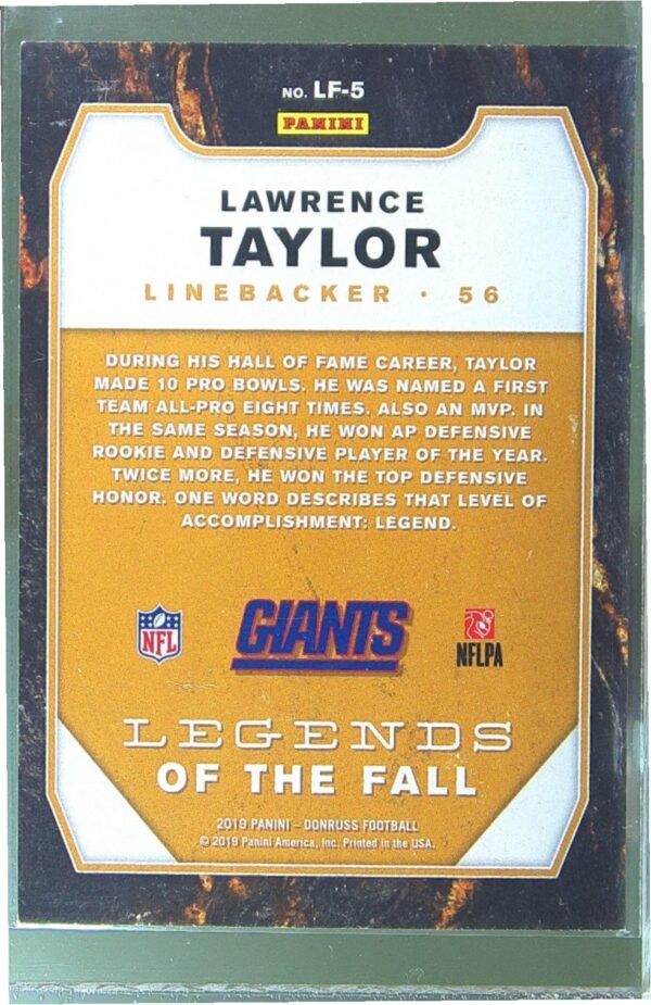 2019 Donruss Lawrence Taylor #LF-5 Giants Legends of the Fall - Image 3