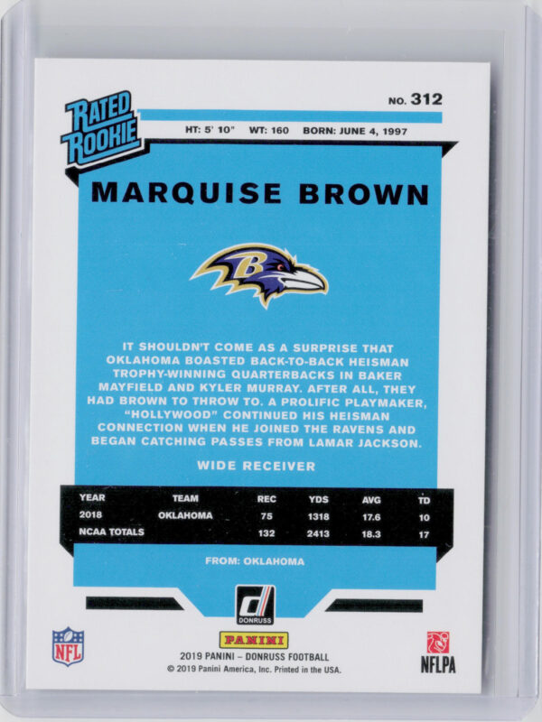 2019 Donruss Marquise Brown RC #312 Ravens - Image 3