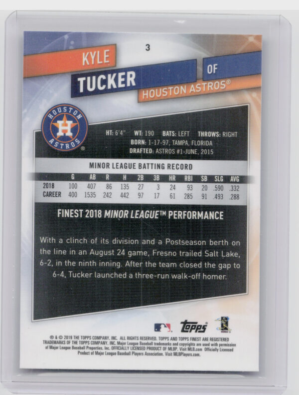 2019 Finest Kyle Tucker RC #3 Astros - Image 3