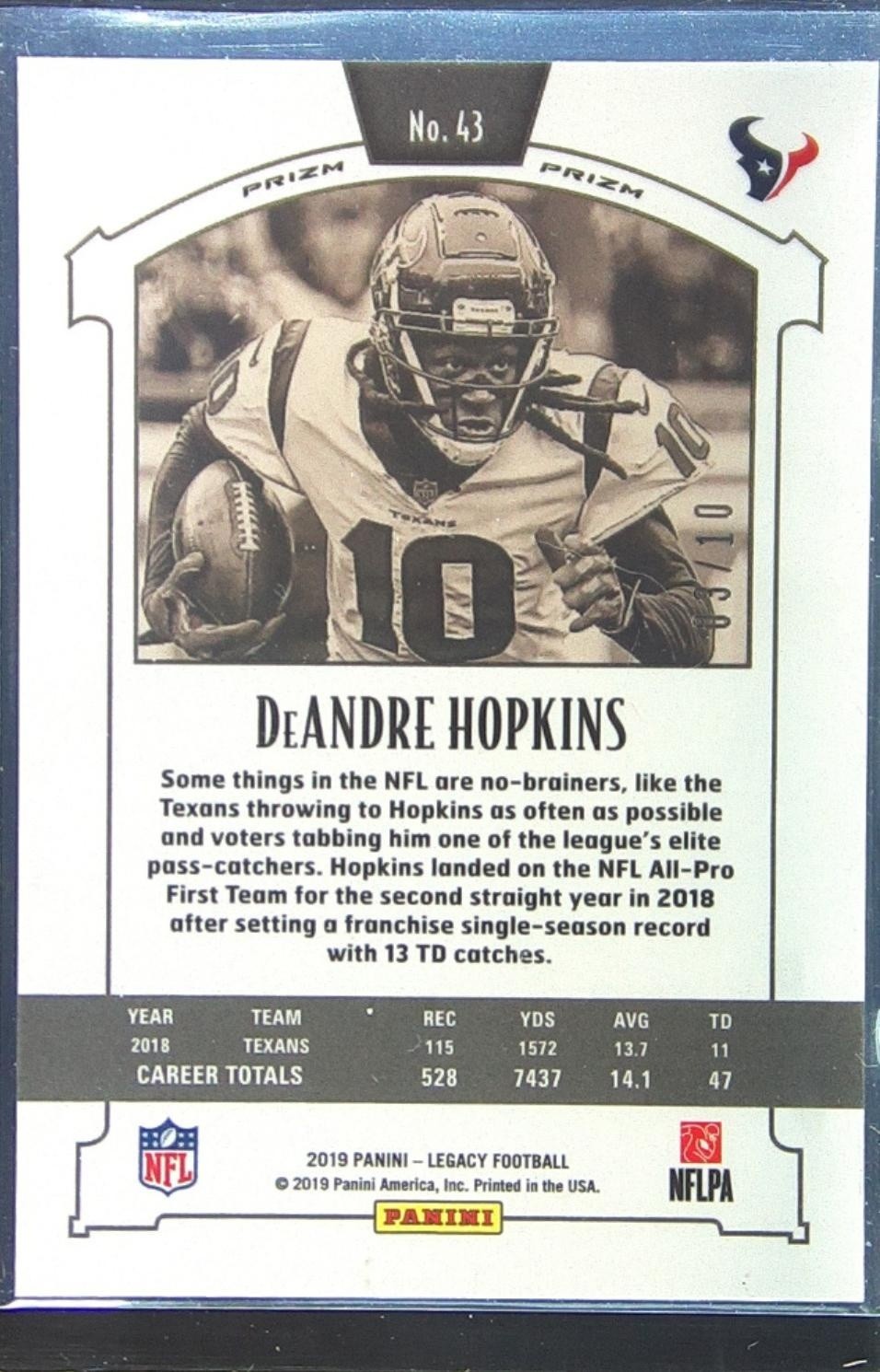 2019 Panini Legacy DeAndre Hopkins Premium Edition Diamond Prizm /10 #43 Texans - Image 3