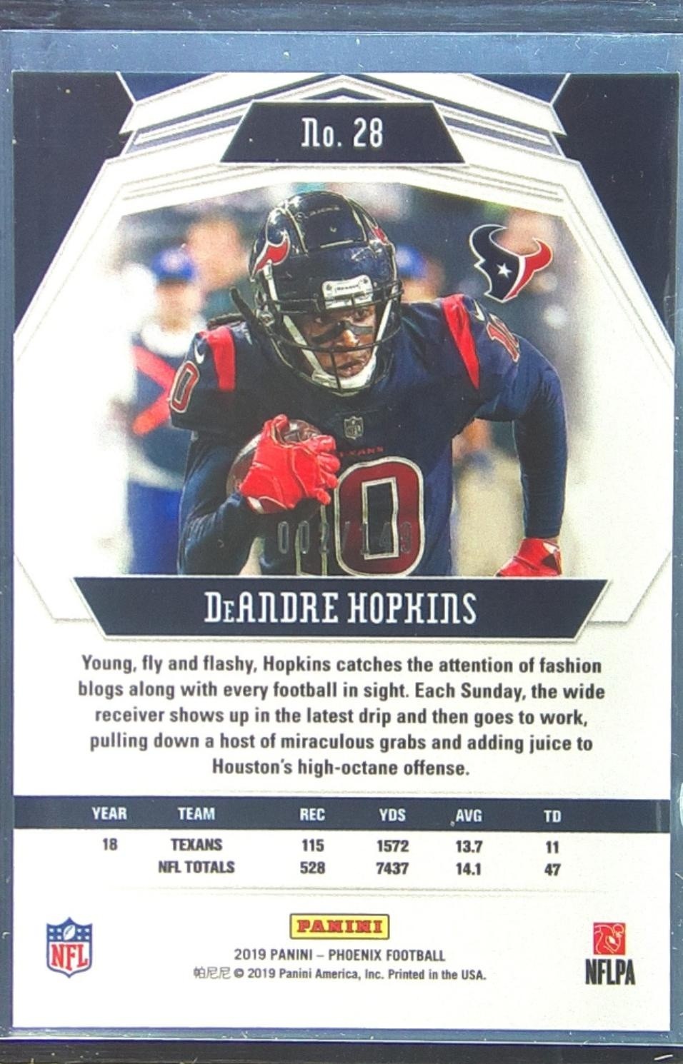 2019 Panini Phoenix DeAndre Hopkins Purple /149 #28 Texans - Image 3