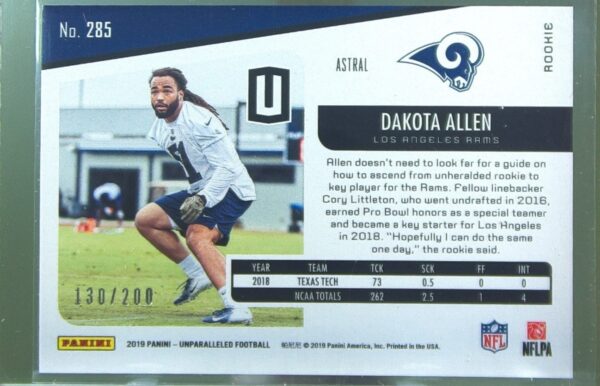 2019 Panini Unparalleled Dakota Allen Astral /200 RC #285 Rams - Image 3