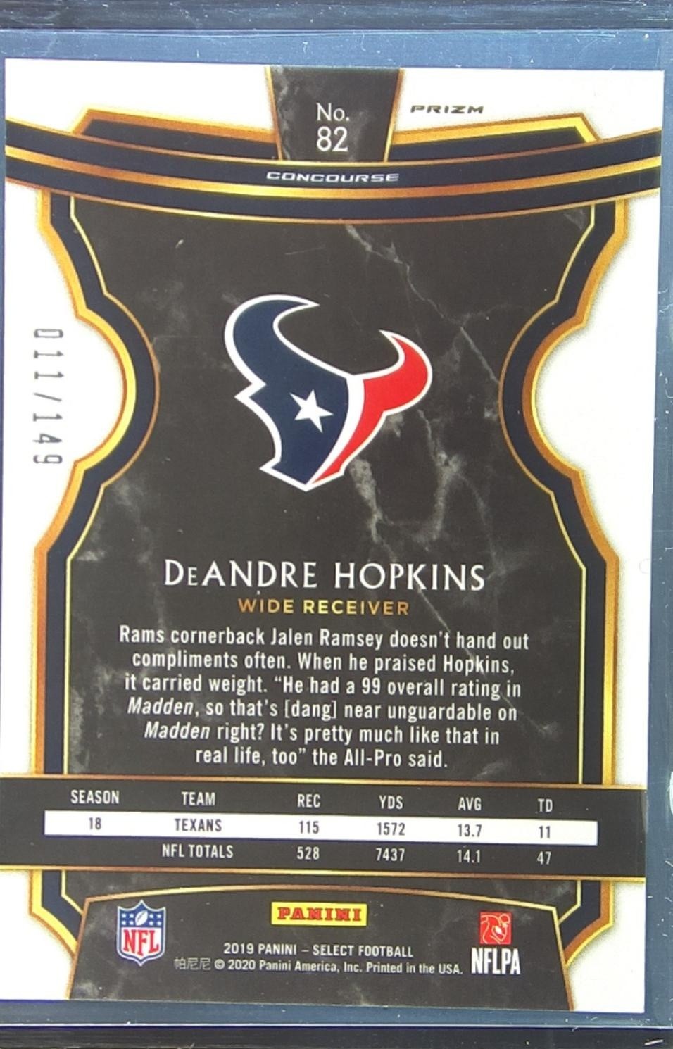 2019 Select DeAndre Hopkins Maroon Prizm /149 #82 Texans - Image 3
