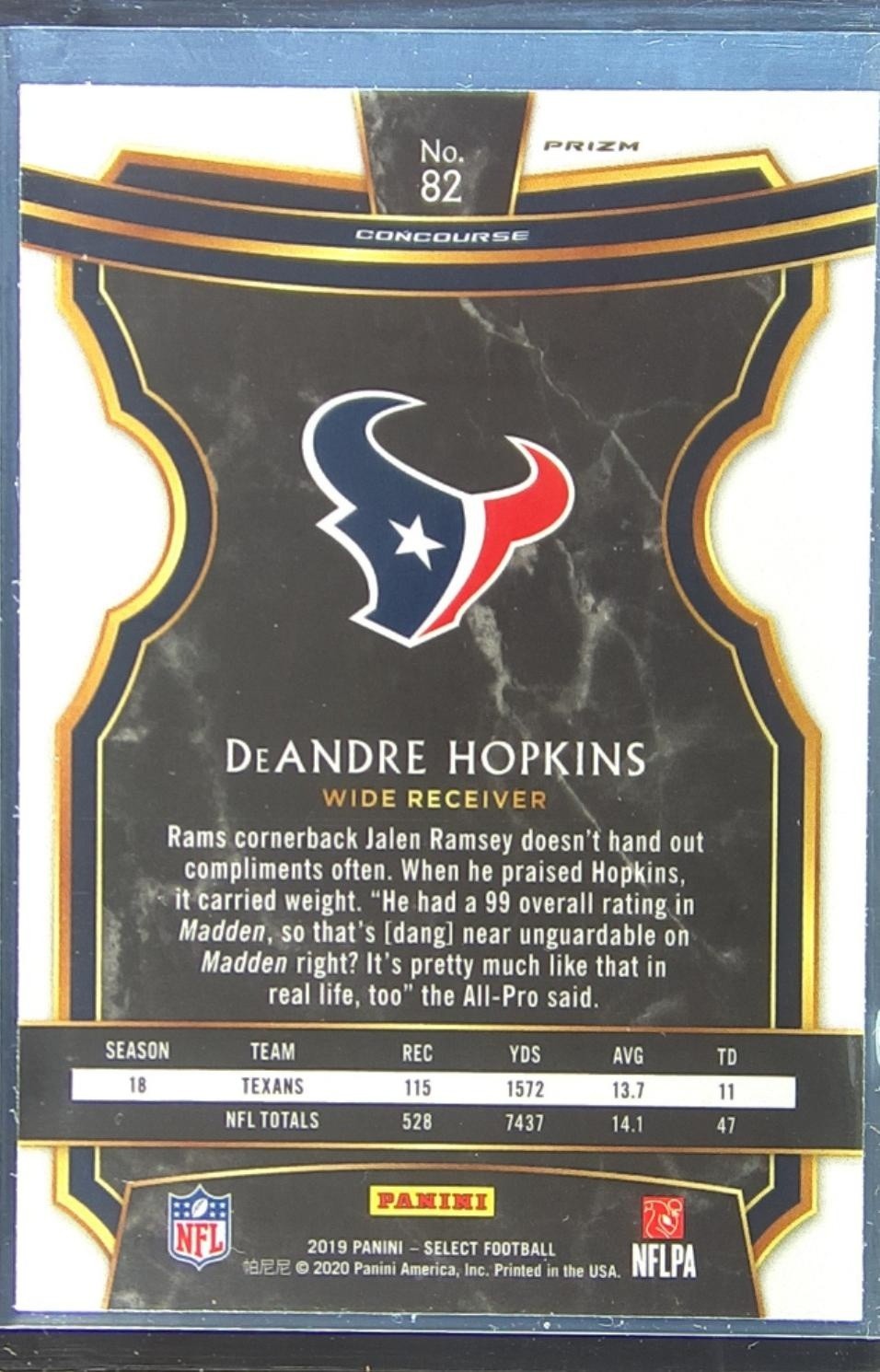 2019 Select DeAndre Hopkins Silver Prizm #82 Texans - Image 3