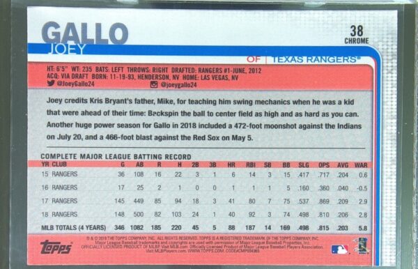 2019 Topps Chrome Joey Gallo Prism Refractor #38 Rangers - Image 3