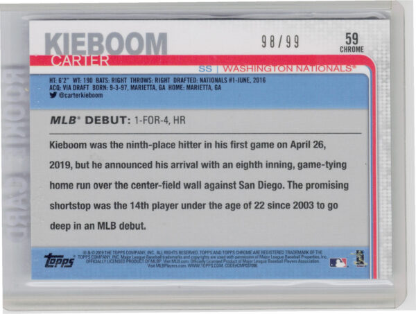 2019 Topps Chrome Update Carter Kieboom Green Refractor SN99 #59 Nationals - Image 3