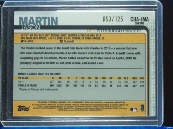 2019 Topps Chrome Update Jason Martin AU SN125 #CUA-JMA Pirates Autographs X Fra - Image 3