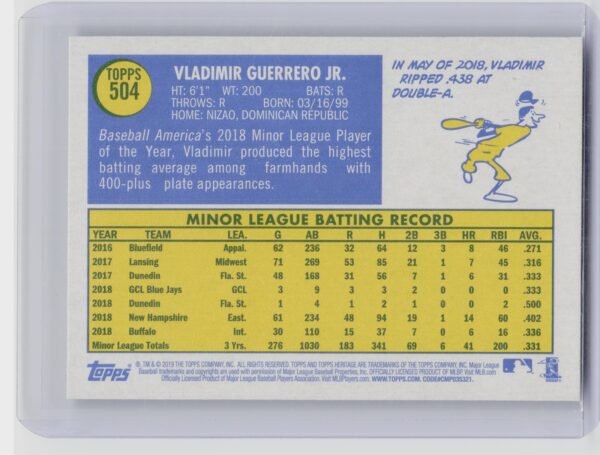 2019 Topps Heritage Vladimir Guerrero Jr. RC #504 Jays - Image 3