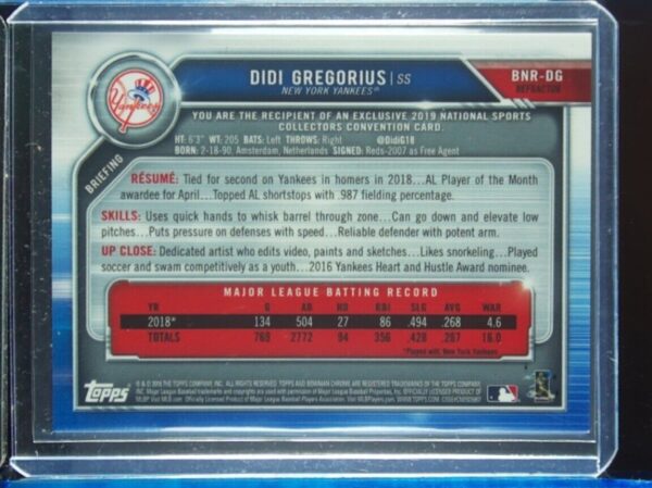 2019 Topps NSCC Bowman Chrome National Convention Didi Gregorius Gold Refractor - Image 3