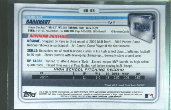 2020 Bowman Draft 1st Edition Hunter Barnhart Orange /25 #BD-66 Rays - Image 3