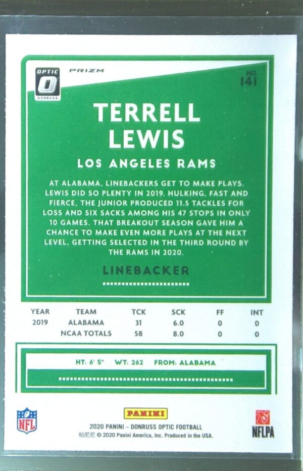 2020 Donruss Optic Terrell Lewis Purple Shock RC #141 Rams - Image 3