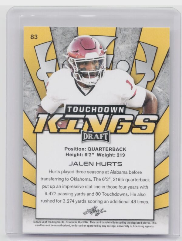 2020 Leaf Draft Jalen Hurts Touchdown Kings Rookie RC #83 Oklahoma Sooners - Image 3