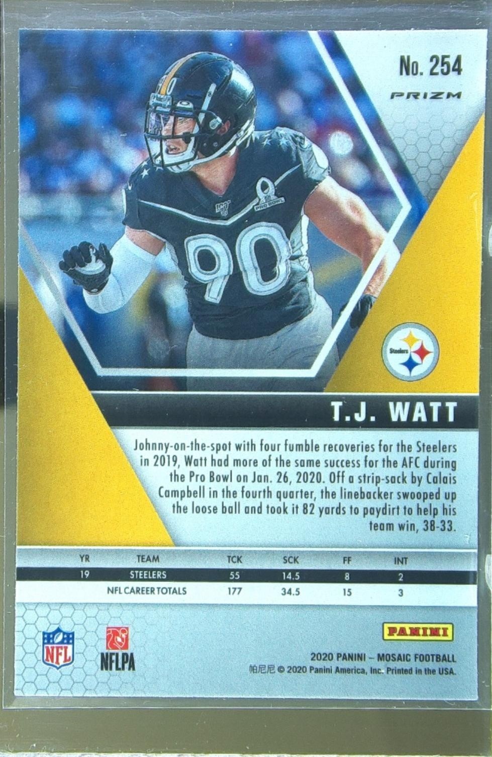 2020 Mosaic T.J. Watt Prizm Reactive Green #254 Steelers - Image 3