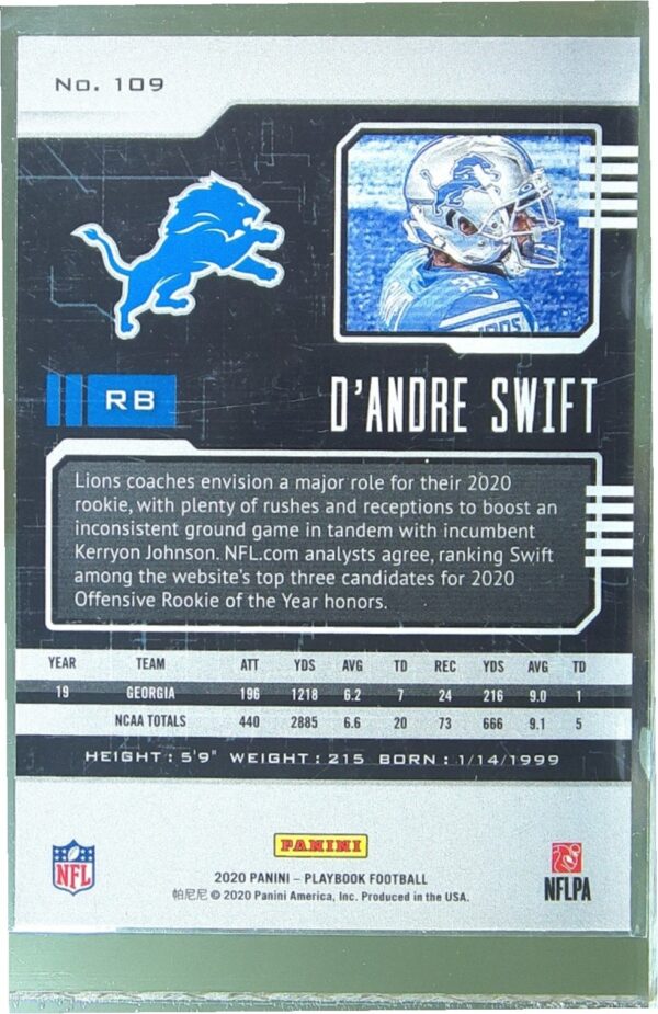 2020 Panini Playbook D'Andre Swift RC #109 Lions - Image 3