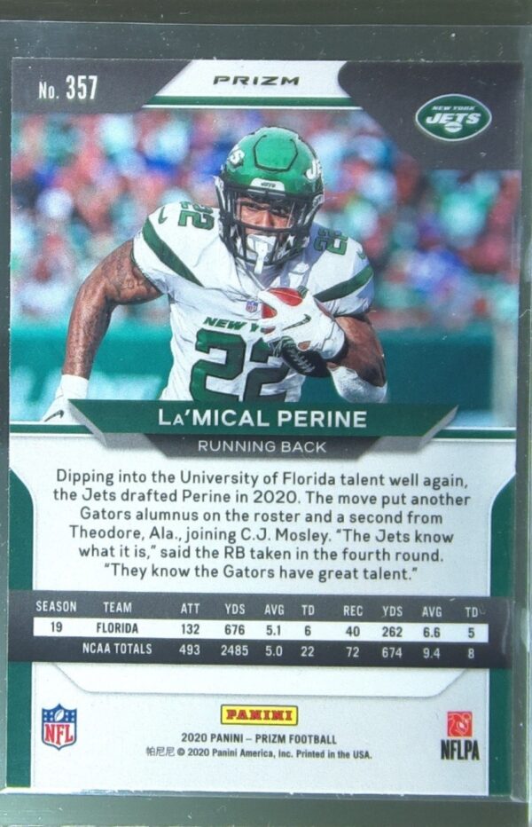2020 Prizm La'Mical Perine Prizm Orange Lazer RC #357 Jets - Image 3