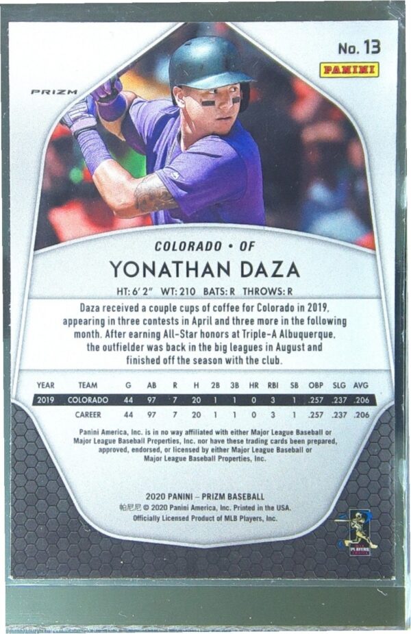 2020 Prizm Yonathan Daza Purple Prizm RC #13 Rockies - Image 3