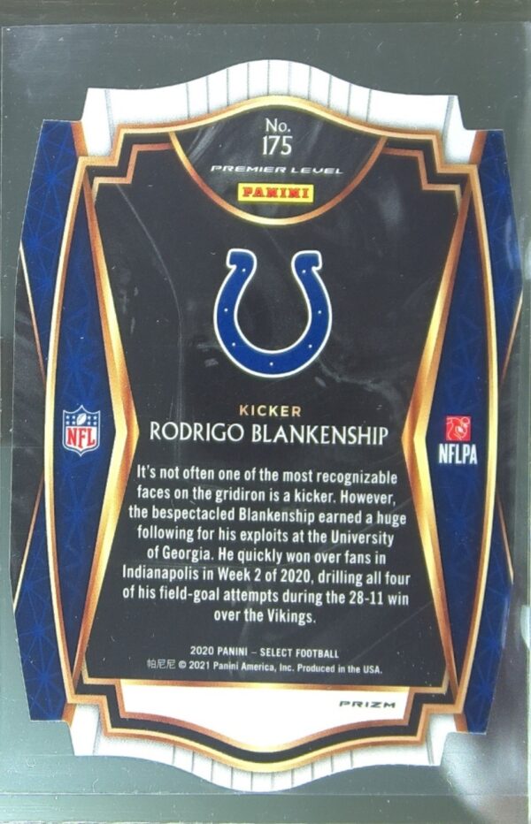 2020 Select Rodrigo Blankenship Orange Prizm Die Cut RC #175 Colts - Image 3