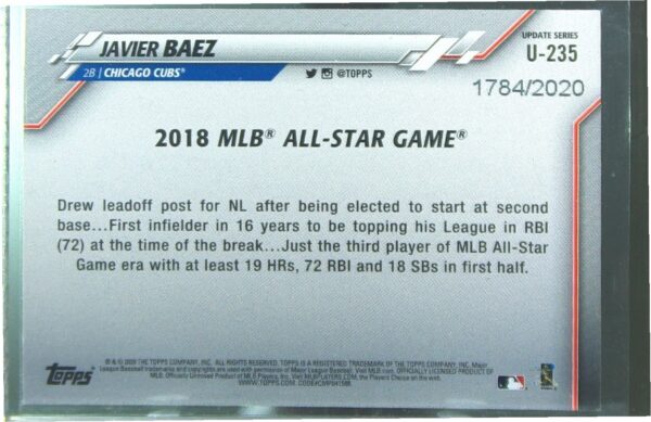 2020 Topps Update Javier Baez Gold /2020 #U-235 Cubs - Image 3