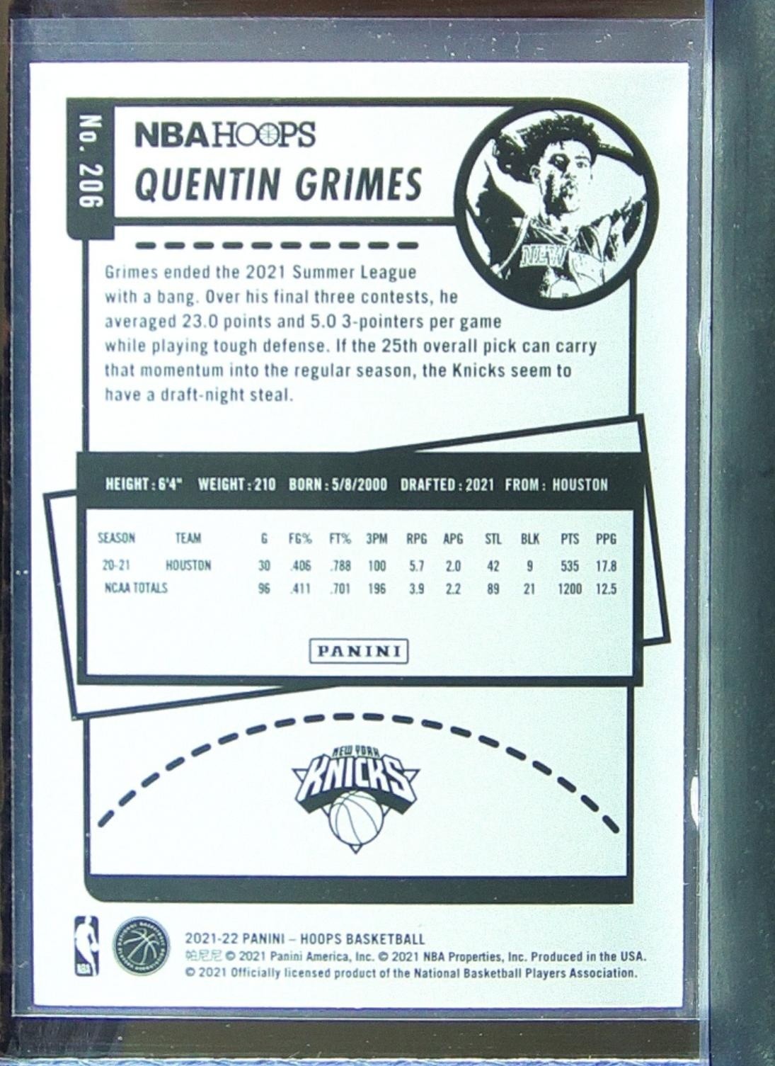 2021-22 Hoops Quentin Grimes RC #206 Knicks - Image 3