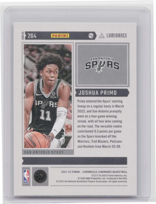 2021-22 Panini Chronicles Luminance  Joshua Primo Rookie #284 Spurs - Image 3