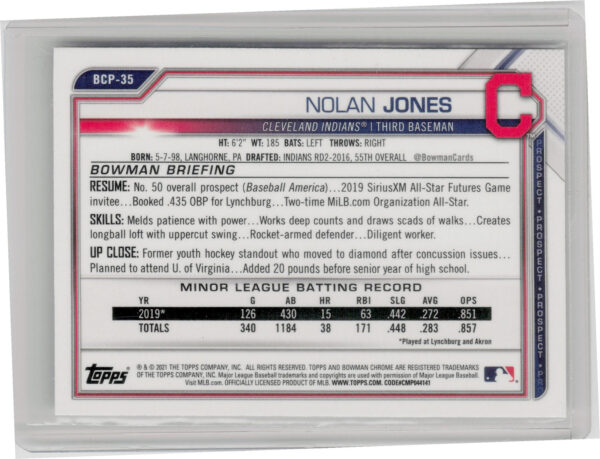 2021 Bowman Nolan Jones #BCP-35 Indians Chrome Prospects - Image 3