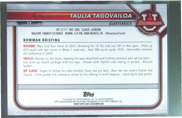 2021 Bowman University Taulia Tagovailoa RC #32 Terrapins - Image 3