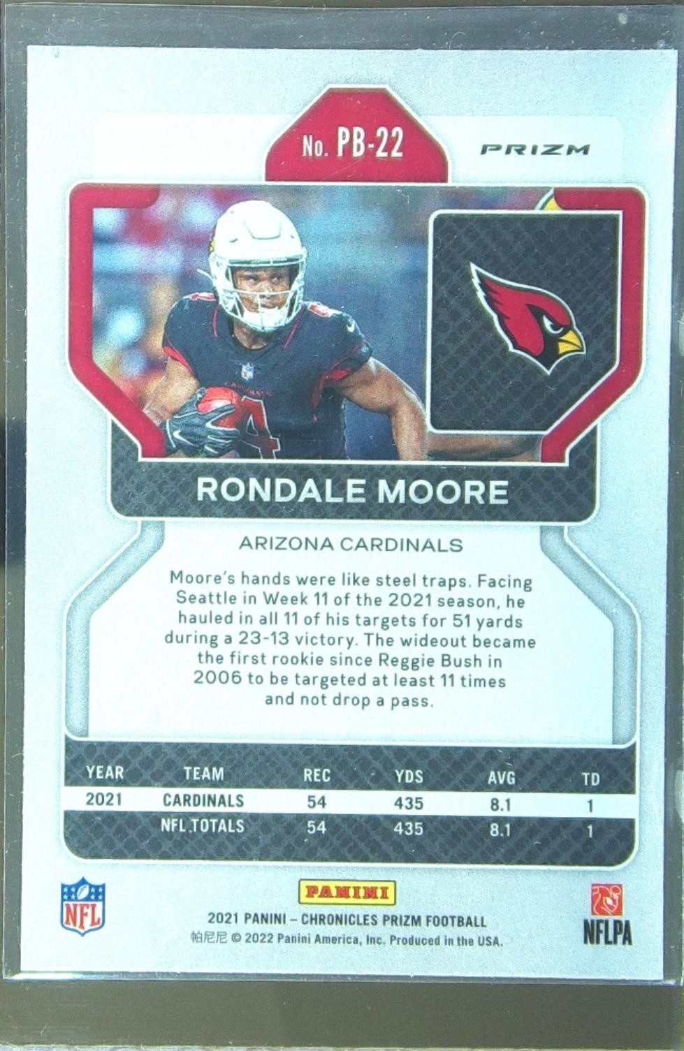 2021 Chronicles Rondale Moore RC #PB-22 Cardinals Prizm Black Silver - Image 3