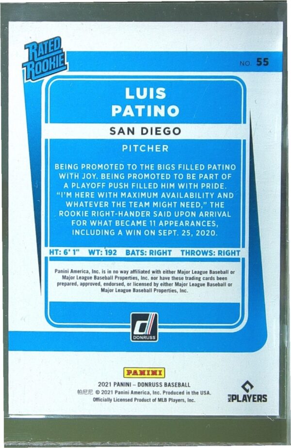 2021 Donruss Luis Patino Career Stat Line /171 RC #55 Padres - Image 3