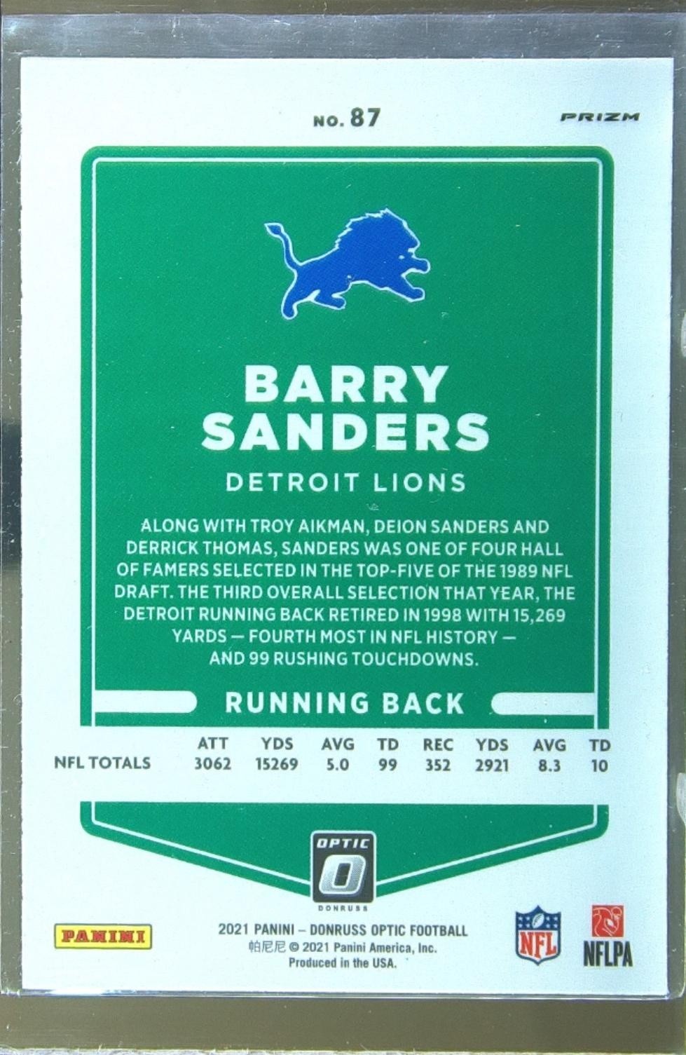 2021 Donruss Optic Barry Sanders Holo #87 Lions - Image 3