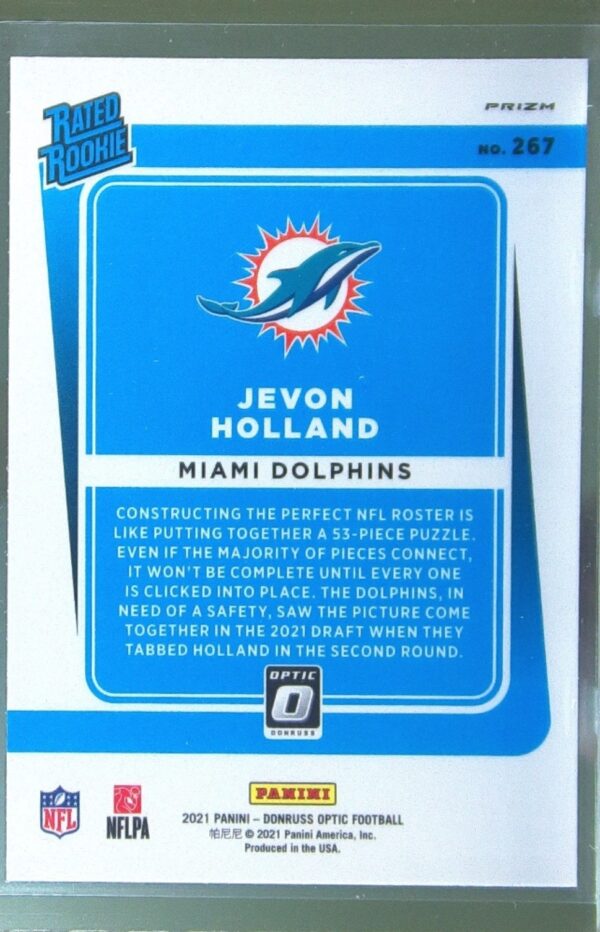 2021 Donruss Optic Jevon Holland Teal Velocity RC #267 Dolphins - Image 3