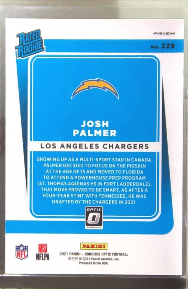 2021 Donruss Optic Josh Palmer Purple Shock RC #229 Chargers - Image 3