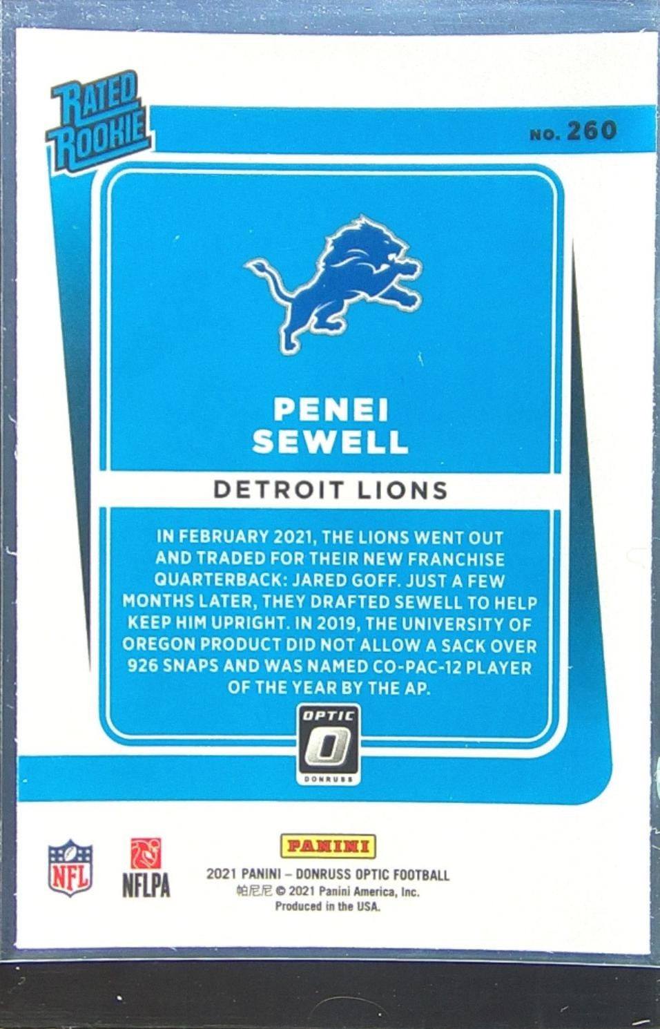 2021 Donruss Optic Penei Sewell RC #260 Lions - Image 3