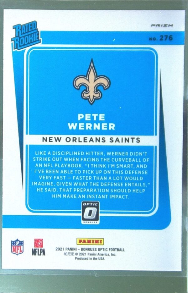 2021 Donruss Optic Pete Werner Bronze RC #276 Saints - Image 3