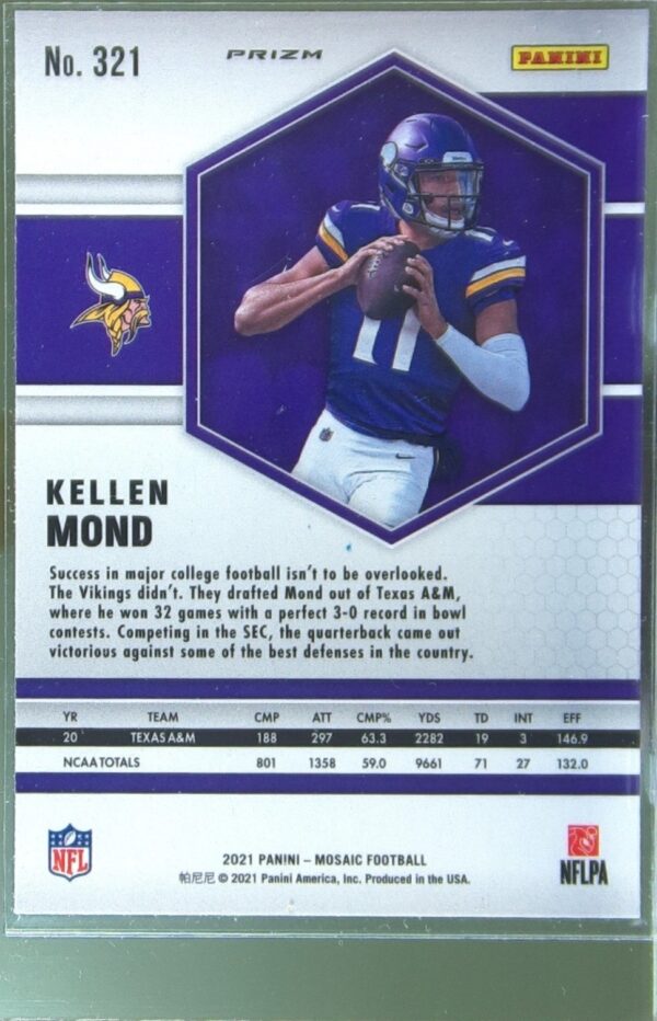 2021 Mosaic Kellen Mond Prizm Reactive Yellow RC #321 Vikings - Image 3