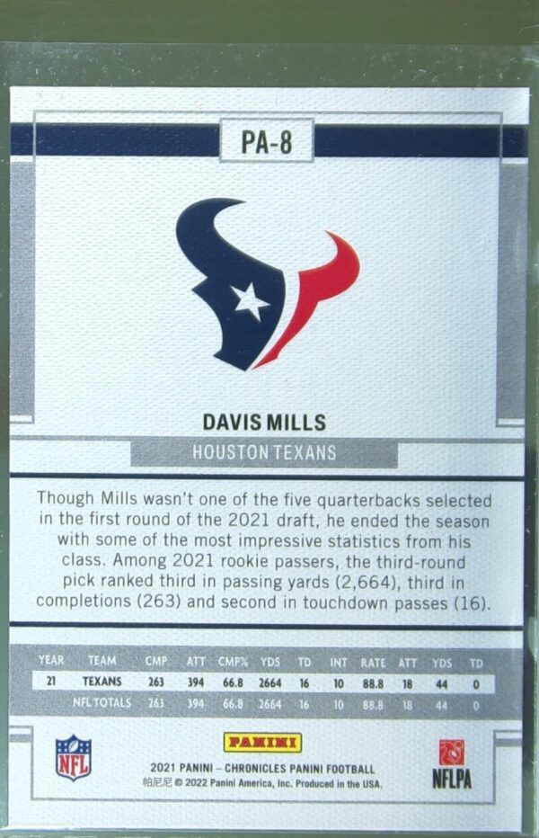 2021 Panini Chronicles Davis Mills RC #PA-8 Texans Panini - Image 3