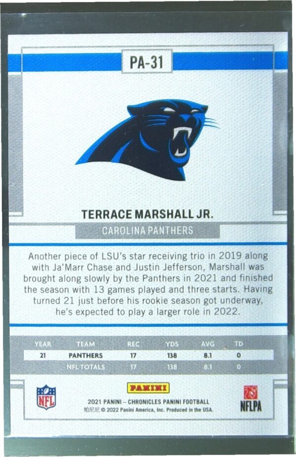 2021 Panini Chronicles Terrace Marshall Jr. RC #PA-31 Panthers Panini - Image 3