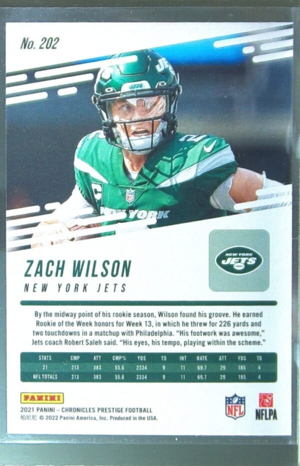 2021 Panini Chronicles Zach Wilson /99 RC #202 Jets Prestige Extra Points Blue - Image 3