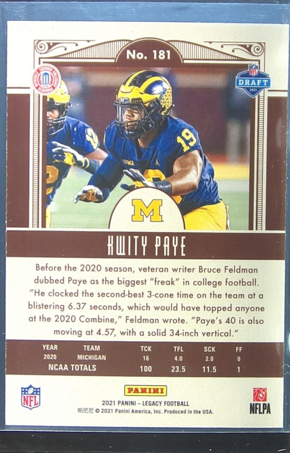 2021 Panini Legacy Kwity Paye RC #181 Wolverines - Image 3