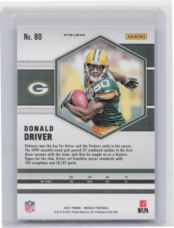 2021 Panini Mosaic Donald Driver Prizm Green #80 Packers - Image 3